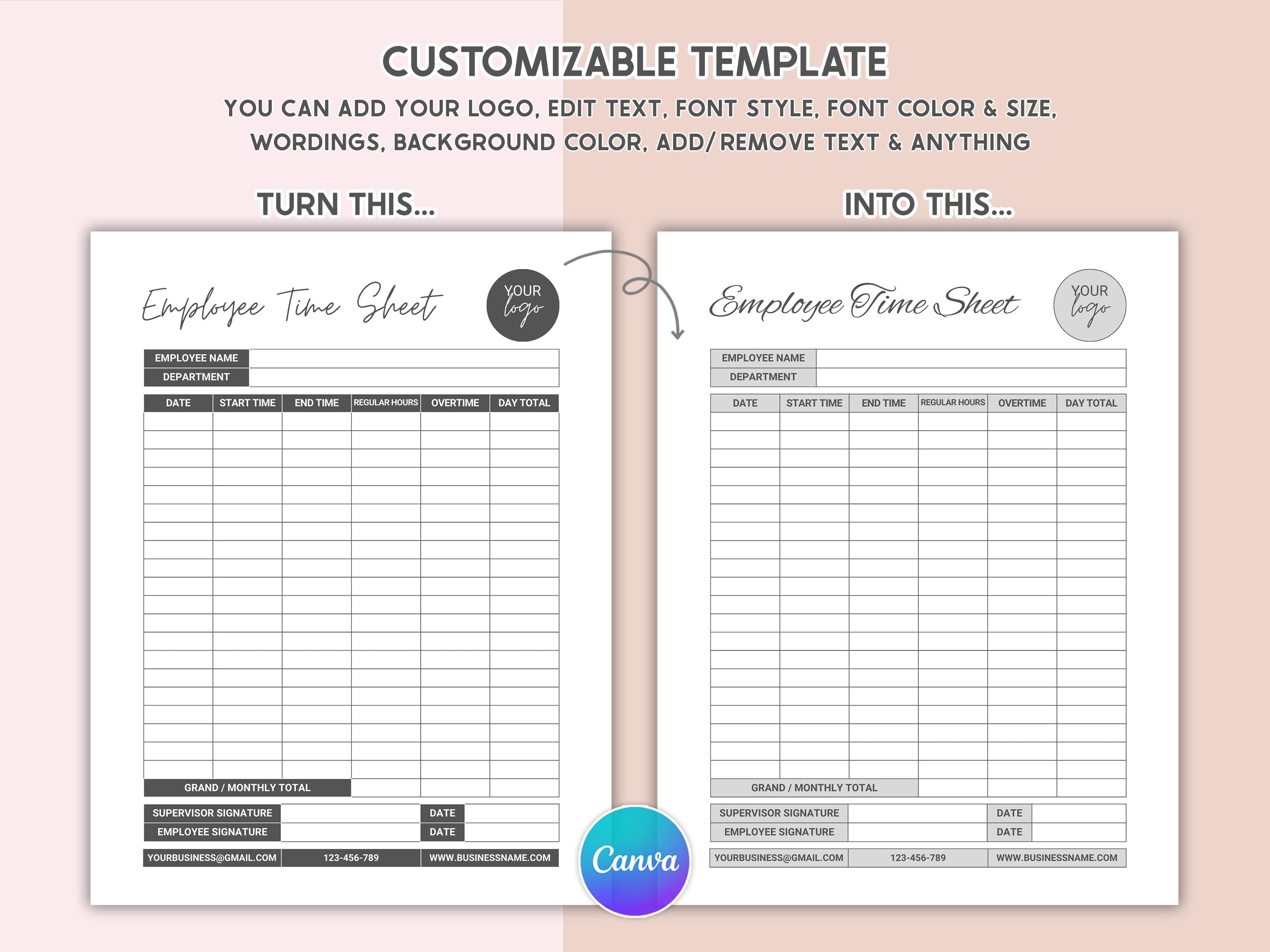 Printable Employee Time Sheet Tracker Canva Editable Weekly & Monthly ...