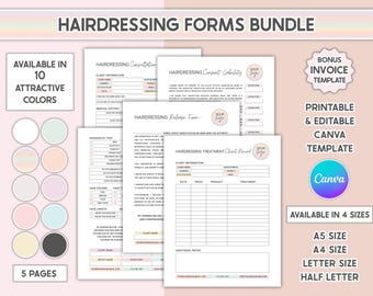 Ensemble de formulaires de coiffure modifiables Formulaire de consultation client, responsabilité de consentement, décharge, modèle de dossier client de traitement