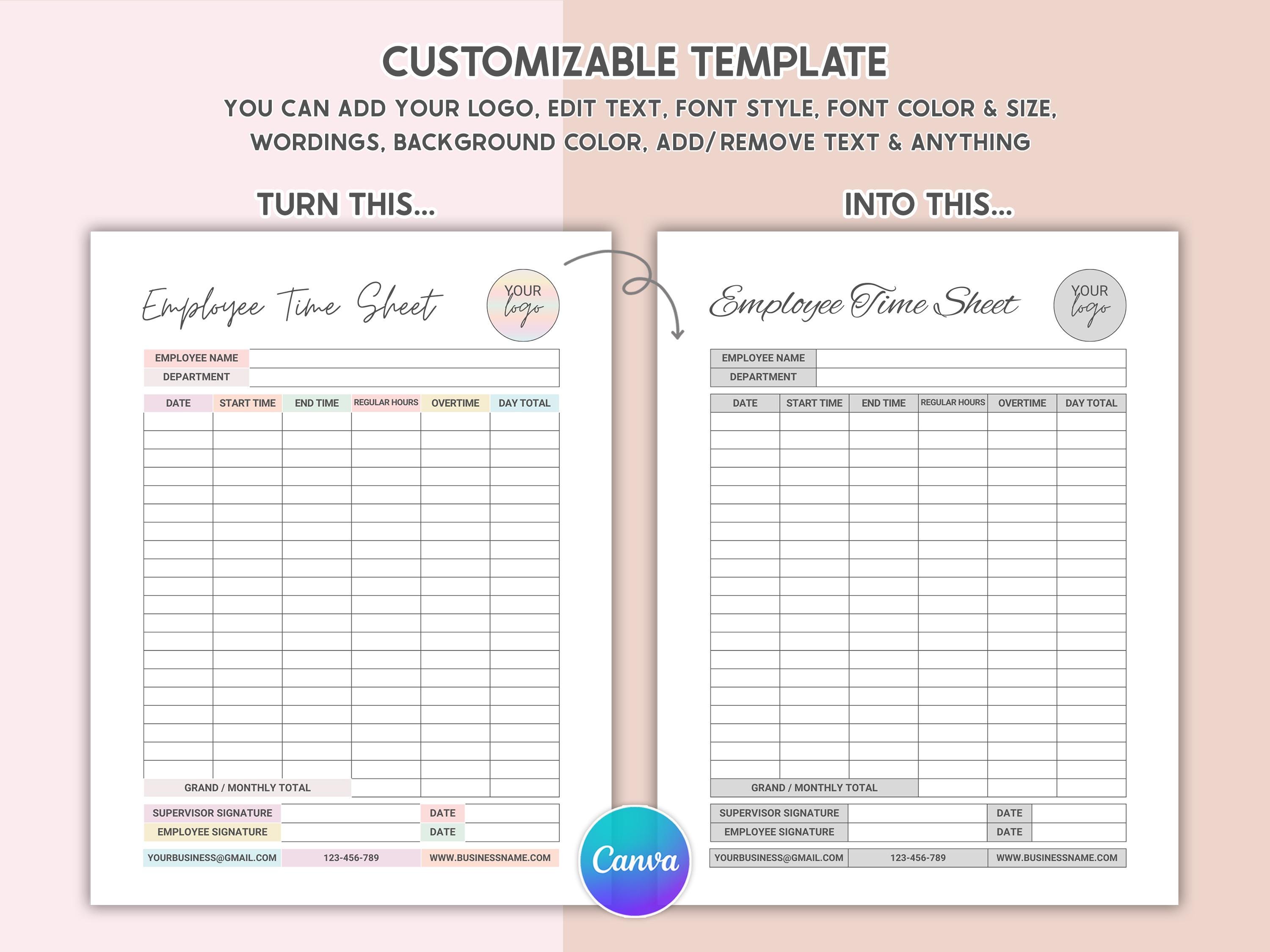Printable Employee Time Sheet Tracker Canva Editable Weekly & Monthly ...