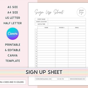 Editable Sign Up Sheet Template Digital Event Sign Up Sheet Printable Sign Up Template Sign Up Form Sign Up List Party Sign Up Sheet Canva