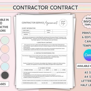 Canva Editable Contractor Contract Printable Independent Contractor Agreement Template Remodeling Construction Business Service Form