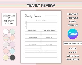 Yearly Review Printable Year End Reflection Canva Editable Goal Setting Sheet Annual Reflection Journal