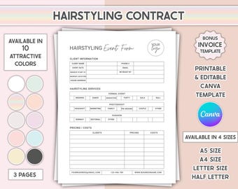Editable Hair Service Contract Printable Hairstylist Form Hair Services Template Bridal Hairstyling Business Agreement