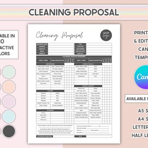 Modèle de proposition de nettoyage modifiable Liste de contrôle de nettoyage imprimable Formulaire commercial de service de nettoyage Feuille d'estimation de l'entretien ménager