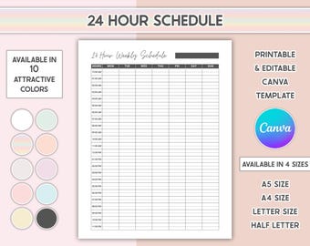 Editable 24 Hour Weekly Schedule Week At A Glance Daily Planner Printable To Do List