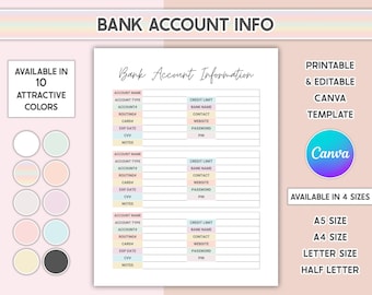 Bank Account Info Printable Bank Tracker Canva Editable Accounts Log Finance Template Details Information
