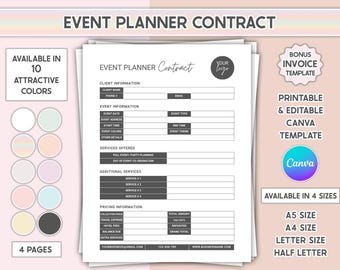 Editable Event Planner Contract Template Wedding Planning Service Agreement Printable Client Form Digital Canva