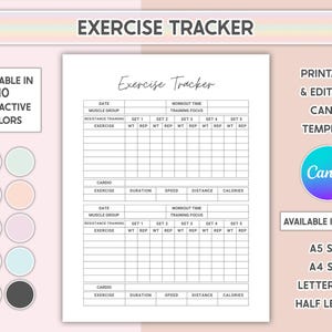 Workout Tracker Printable Daily Exercise Log Weight Loss Fitness Journal Editable Workout Planner Insert