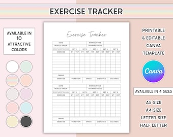 Workout Tracker Printable Daily Exercise Log Weight Loss Fitness Journal Editable Workout Planner Insert