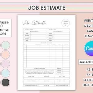 Canva Editable Job Estimate Template Printable Proposal Contractor Estimate Sheet Small Business Quote Form