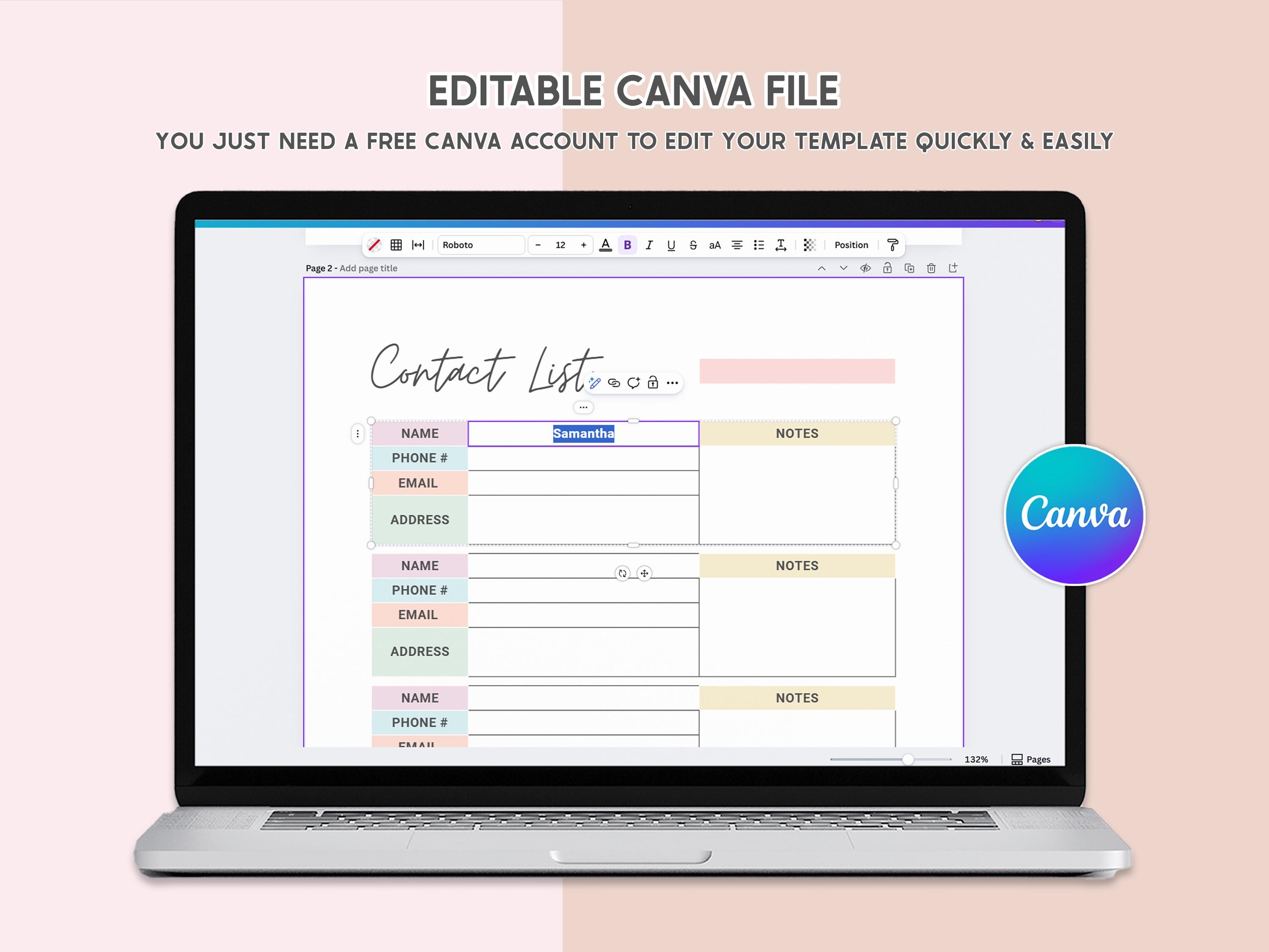 Canva Editable Contact List Name and Number Family Printable Address ...