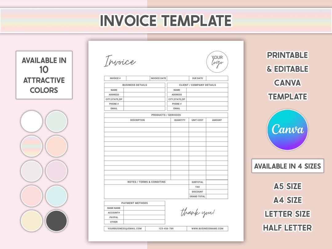 Editable Invoice Template for Small Business Forms Minimalist Services ...