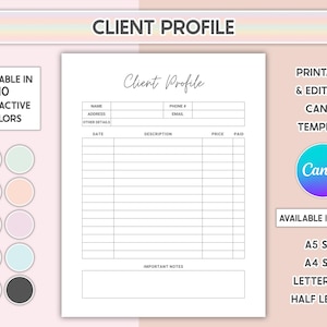Client Profile Template Editable Client Payment History Tracker Printable Customer Information Log Info Sheet