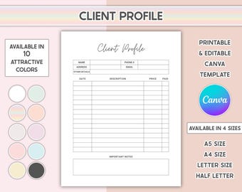 Client Profile Template Editable Client Payment History Tracker Printable Customer Information Log Info Sheet