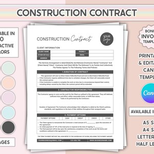 Editable Construction Contract Template Printable Contractor Agreement Form Handyman Business Construction Services Instant Download