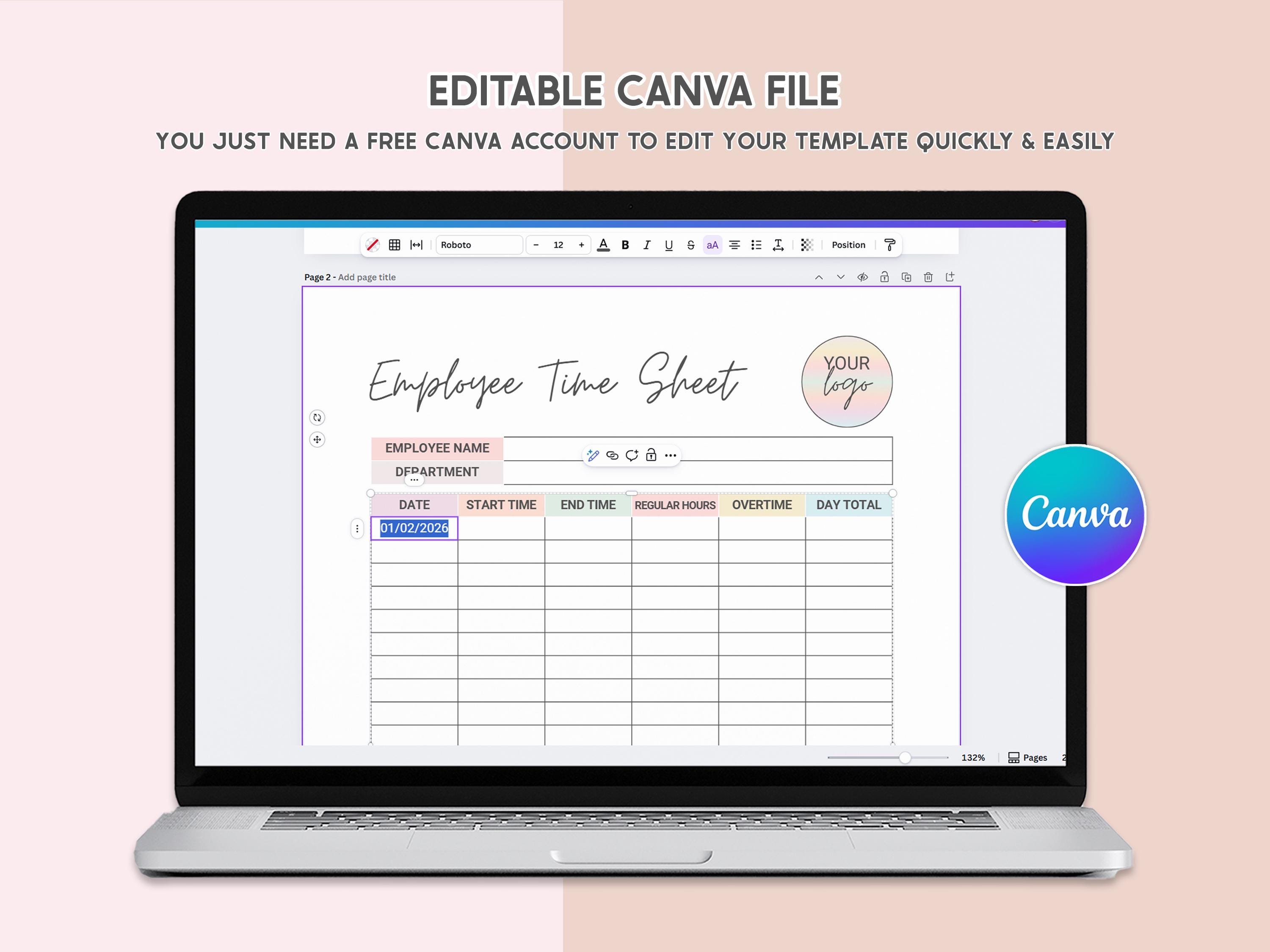 Printable Employee Time Sheet Tracker Canva Editable Weekly & Monthly ...
