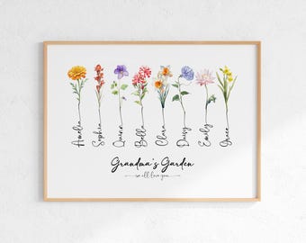 Personalized Grandmas Garden Print With Names Birth Flower Garden Custom Family Gift Grandparent Keepsake