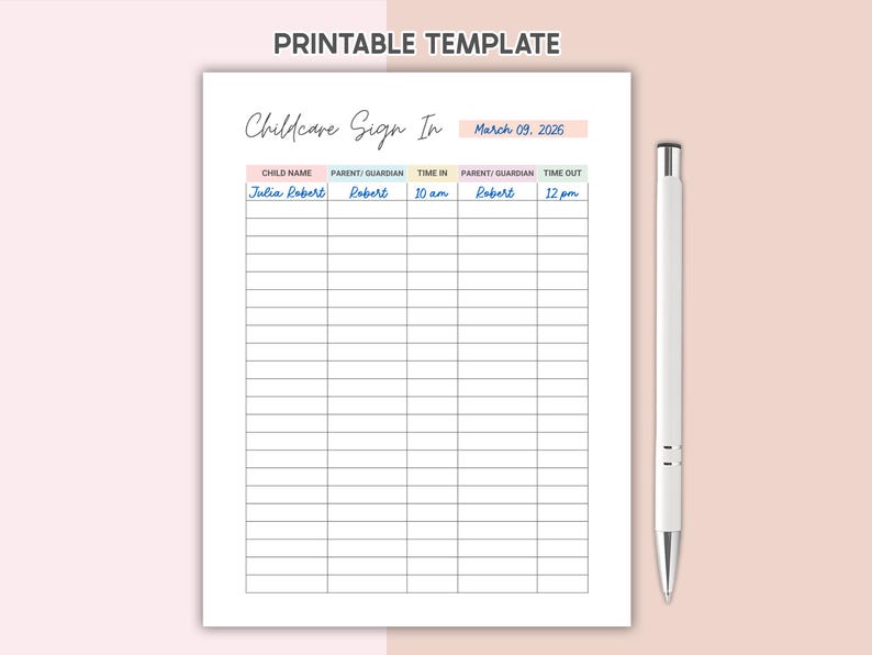 Editable Childcare Sign in Printable Daycare Sign-in & Sign-out Sheet ...