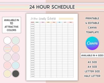 Editable 24 Hour Weekly Schedule Week At A Glance Daily Planner Printable To Do List