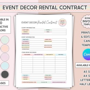 Event Decor Rental Agreement Template Editable Rental Contract Equipment Party & Wedding Decorations Rentals Business