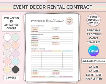 Event Decor Rental Agreement Template Editable Rental Contract Equipment Party & Wedding Decorations Rentals Business