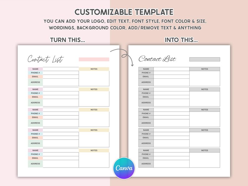 Canva Editable Contact List Name and Number Family Printable Address ...