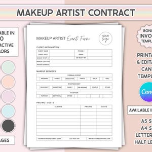 Modèle de toile modifiable pour maquilleur, contrat de maquillage de mariée imprimable, formulaire client de maquillage de mariage