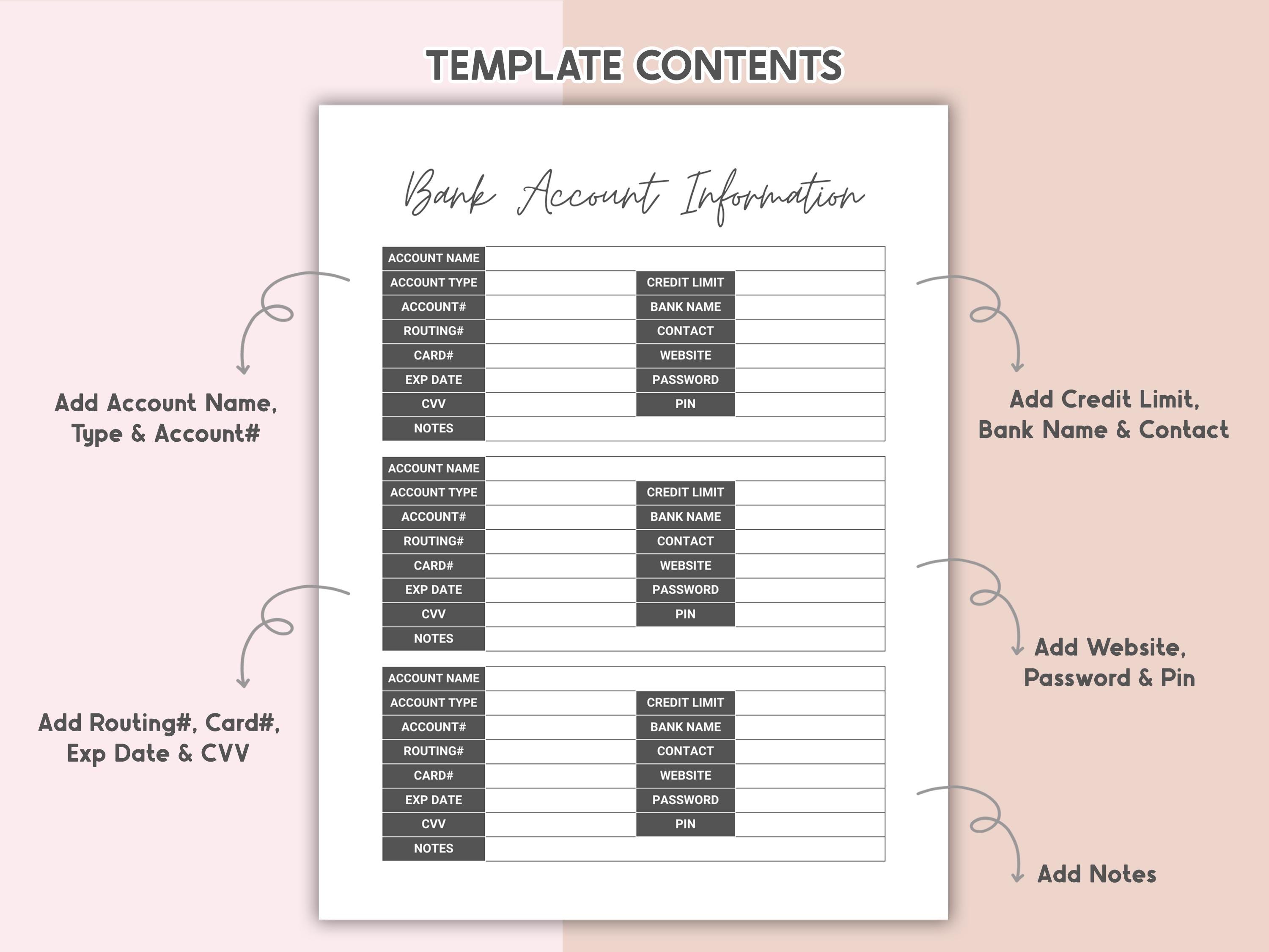 Bank Account Info Printable Bank Tracker Canva Editable Accounts Log ...