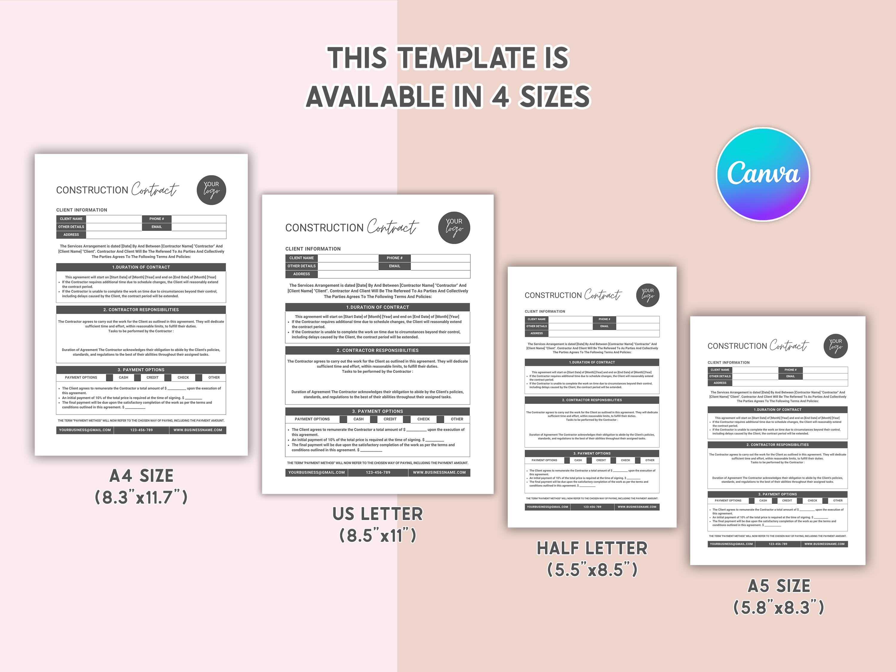 Editable Construction Contract Template Printable Contractor Agreement ...