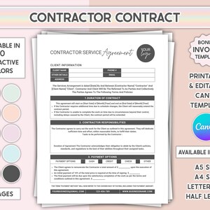 Contrato de contratista editable de Canva Plantilla de acuerdo de contratista independiente imprimible Formulario de servicio comercial de remodelación y construcción