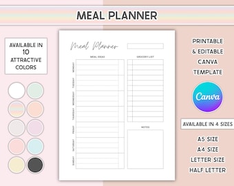 Planificador de comidas imprimible, diario de comidas semanal, seguimiento de comidas, plan de menú editable, lista de compras adicional