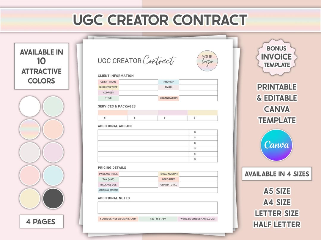 UGC Creator Contract Template Canva Editable User Generated Content UGC ...