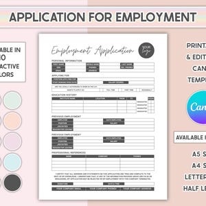 Employee Application For Employment Printable 1 Page Job Application Form Canva Editable HR Template