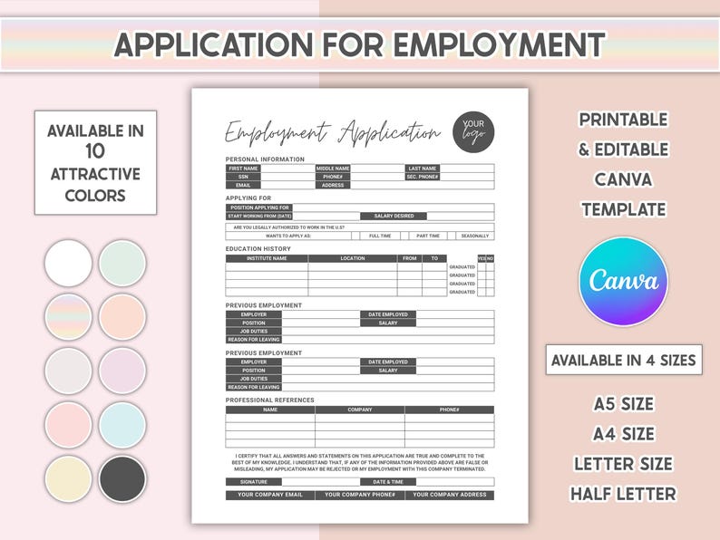 Employee Application For Employment Editable Employment Application Template Printable Job Application Form 1 Page Job Application Template HR Template