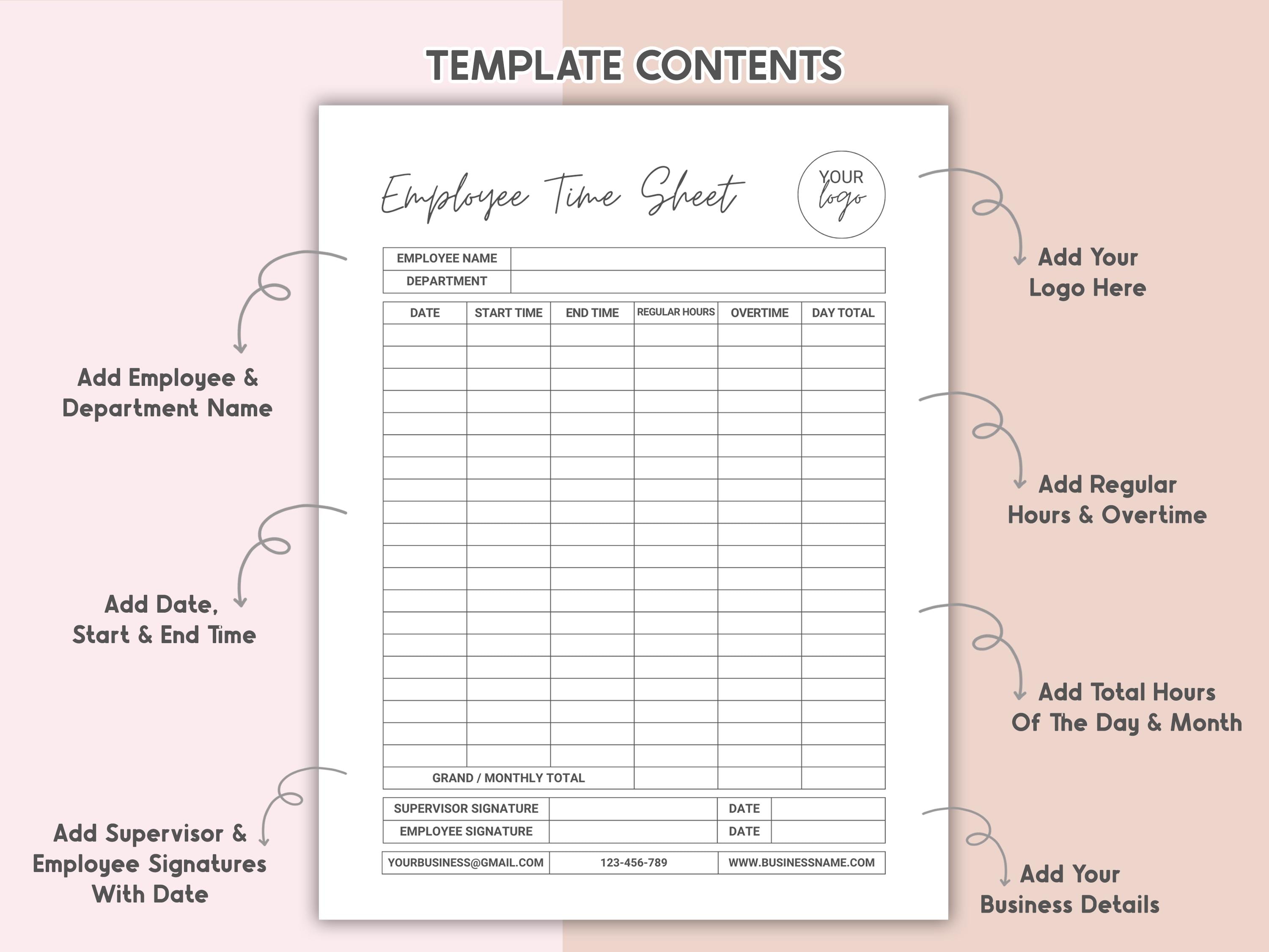 Printable Employee Time Sheet Tracker Canva Editable Weekly & Monthly ...