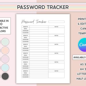 Canva Editable Password Tracker Template Password Organized Printable Colorful Form Pass Word Log Customizable