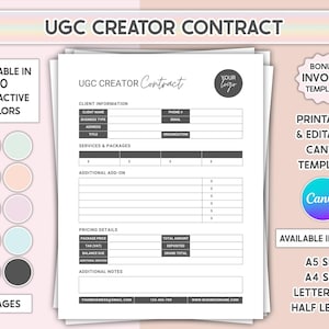 UGC Creator Contract Template Canva Editable User Generated Content UGC Influencer Agreement PDF Printable