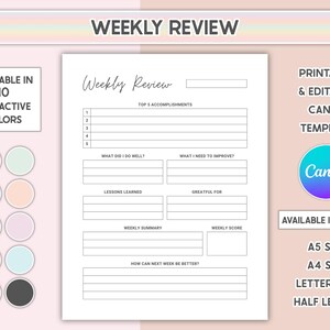 Puede incluir: Una plantilla imprimible de revisión semanal en blanco con el texto "Weekly Review" en la parte superior. La plantilla incluye secciones para logros, mejoras, lecciones y un resumen semanal. Disponible en 10 colores y 4 tamaños.