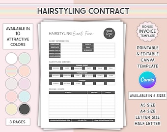Editable Hair Service Contract Printable Hairstylist Form Hair Services Template Bridal Hairstyling Business Agreement