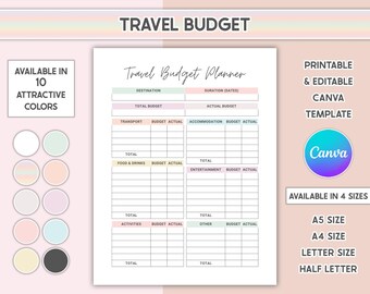Editable Travel Budget Planner Printable Travel Expenses Template Holiday Spending Worksheet Vacation Expense Tracker