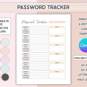 Canva Editable Password Tracker Template Password Organized Printable Colorful Form Pass Word Log Customizable