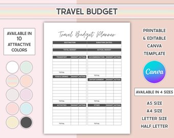 Editable Travel Budget Planner Printable Travel Expenses Template Holiday Spending Worksheet Vacation Expense Tracker
