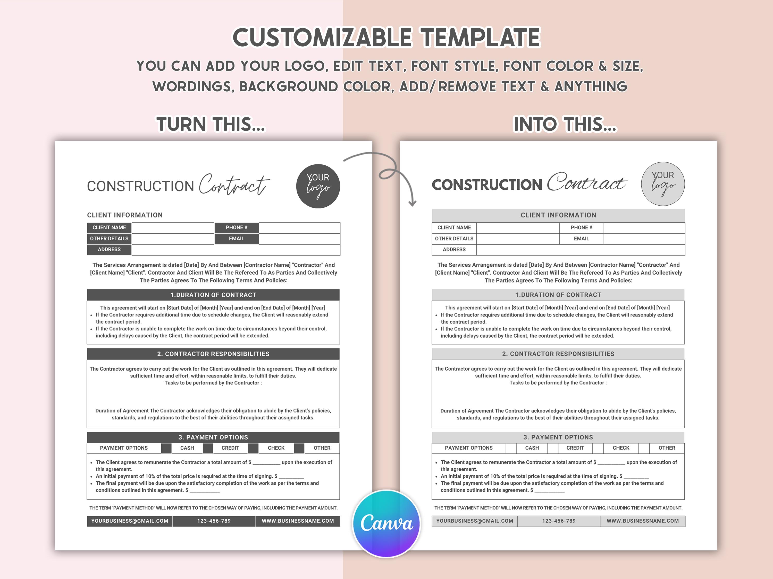 Editable Construction Contract Template Printable Contractor Agreement ...