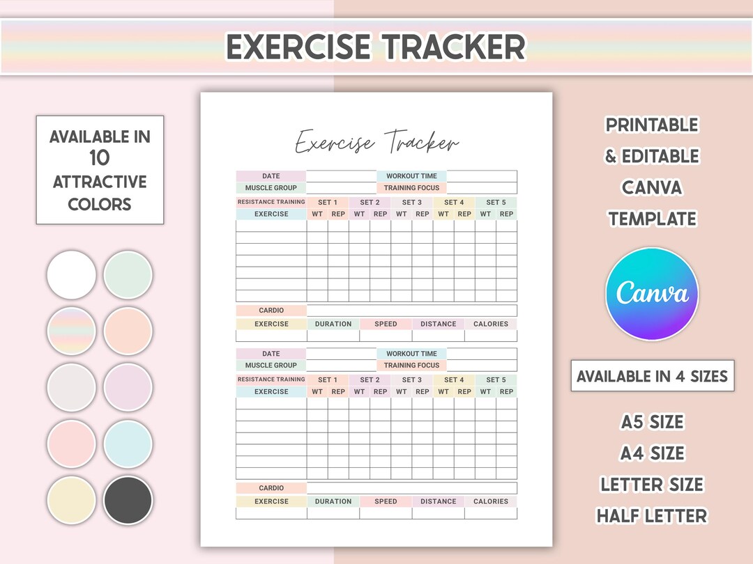 Exercise Tracking Template Fun Workout Tracker Printable Daily Exercise Log Weight Loss Fitness ...