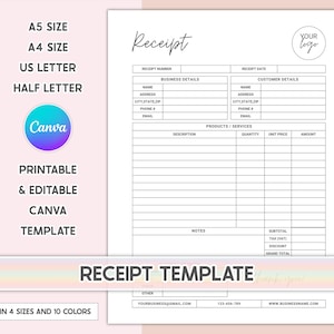 Bearbeitbare Quittungsvorlage: Minimalistisches druckbares Formular für kleine Unternehmen (Canva PDF-Download)