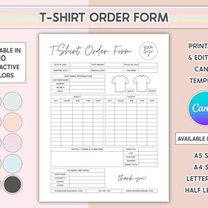 Canva Editable T shirt Order Form Invoice Template Printable Small Business Forms Purchase Order