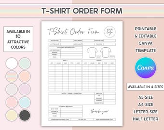 Canva bewerkbaar T-shirt Bestelformulier Factuursjabloon Afdrukbare formulieren voor kleine bedrijven Inkooporder