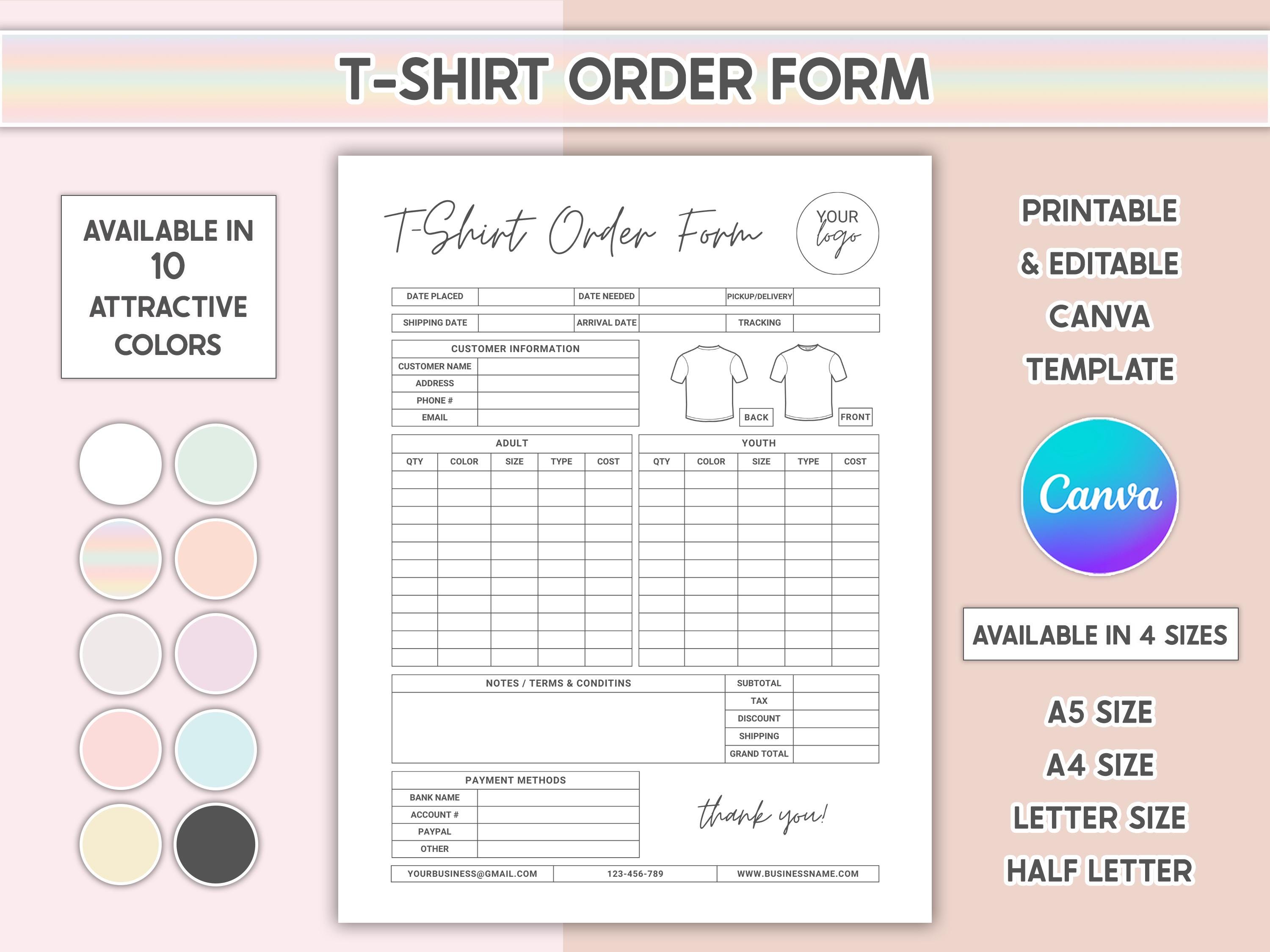 Canva Editable T Shirt Order Form Invoice Template Printable Small ...