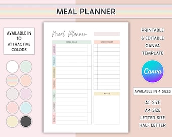 Meal Planner Printable Weekly Food Diary Meal Tracker Editable Menu Plan Bonus Grocery List