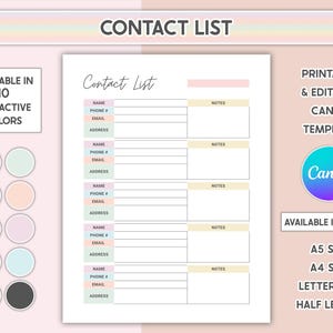 Canva Editable Contact List Name And Number Family Printable Address Book Contact Information Form
